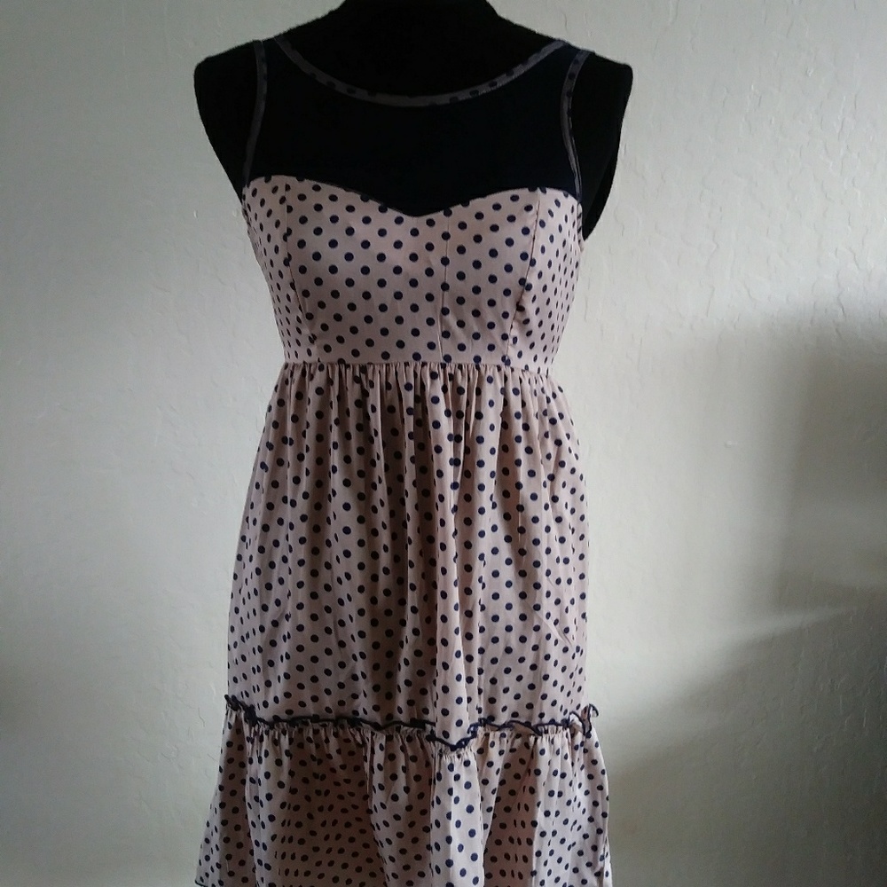America Rag tan hi/lo dress w/navy polka dots